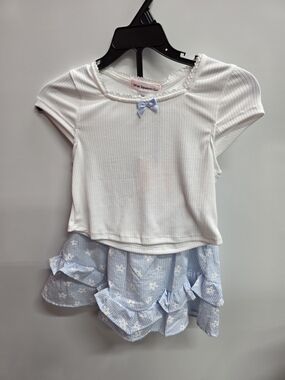 White Ribbed Top with Blue Bow & Blue Floral Ruffle Skort Set